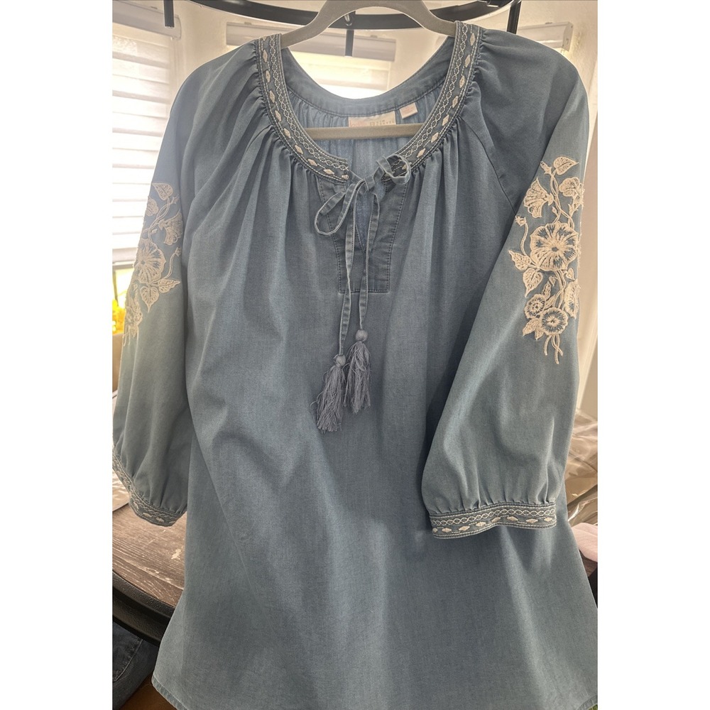 Belle by Kim Gravel Floral Blouse with Embroidery Denim And White Flowers XL